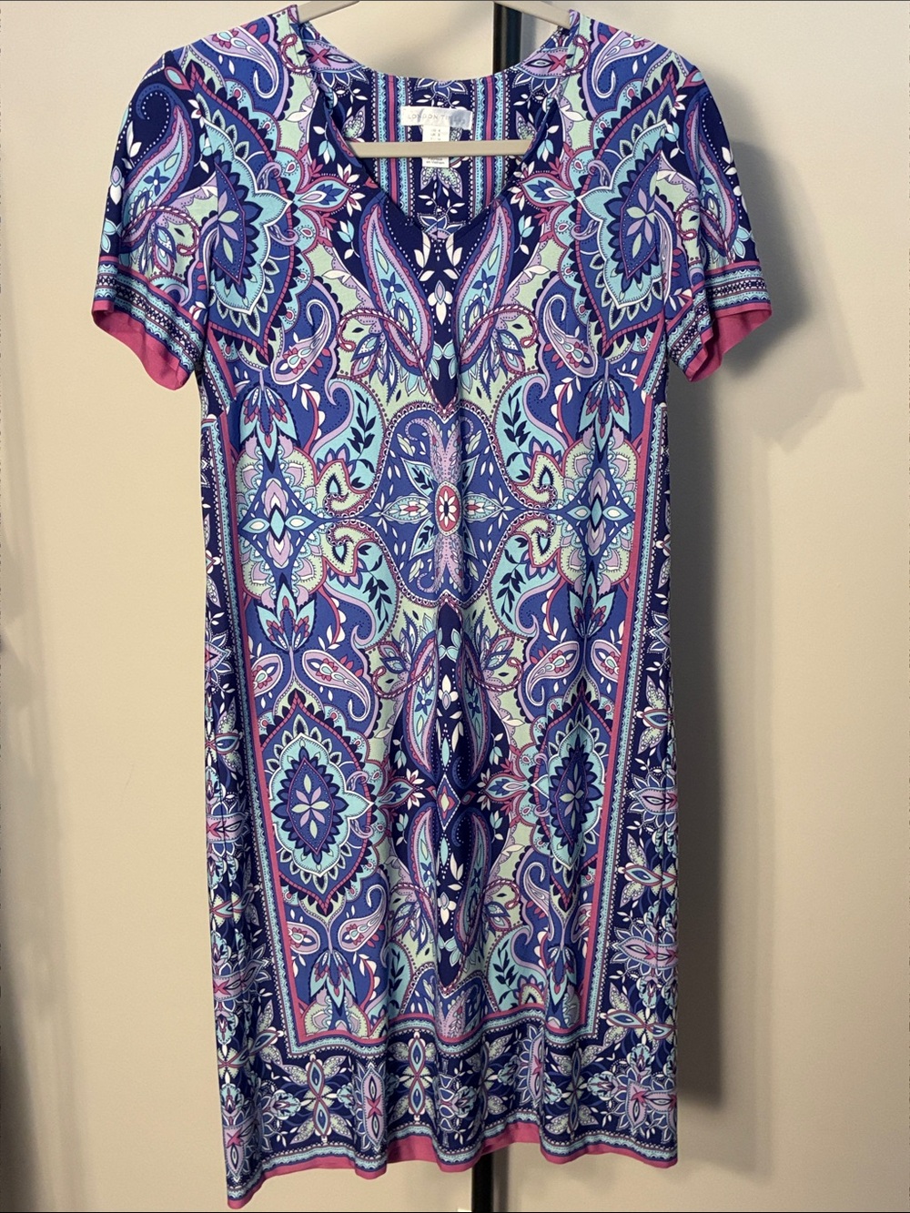 London Times Navy Blue Purple‎ Paisley Short Sleeve Dress Stretchy Size 4 Small